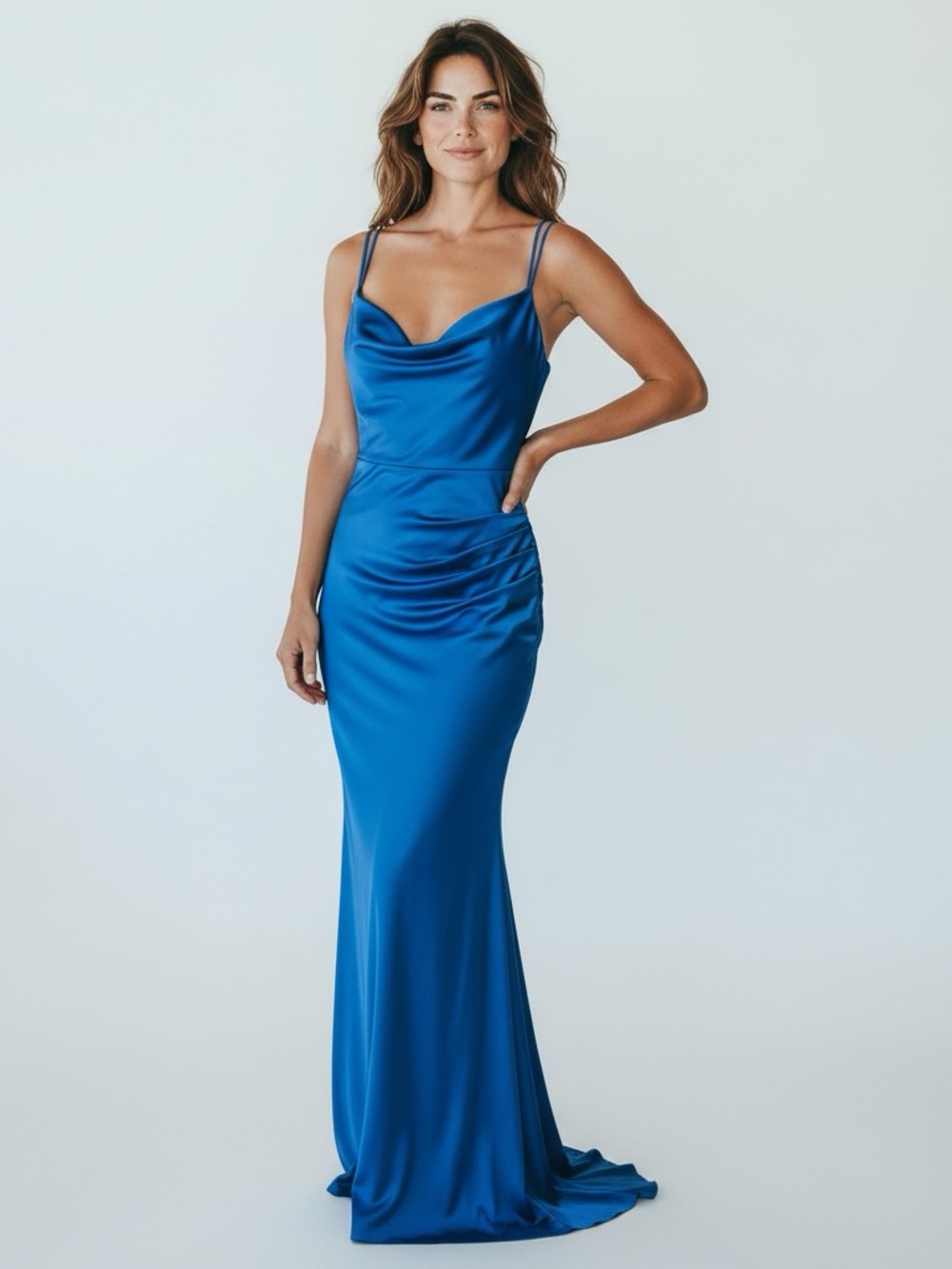 B Darlin Royal Blue Satin Cowl Neck Maxi Dress size medium
